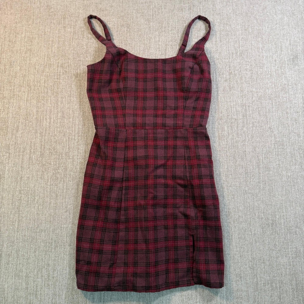 Wild Fable Burgundy Black Plaid Smocked Back Mini Dress Small
